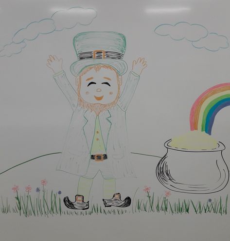 St. Patrick's Day Whiteboard Art St Patrick’s Day Whiteboard, March Whiteboard Ideas, Things To Draw On A Whiteboard, Dry Erase Board Drawings, White Board Art, Whiteboard Questions, White Board Drawings, Whiteboard Messages, Whiteboard Art