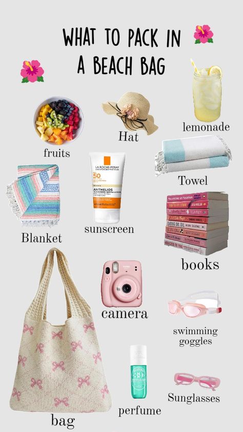 🐚🌺- what to pack for the beach -🌺🐚 Pack Beach Bag, What To Pack For A Beach Trip, What's In My Beach Bag, Beach Packing List For Teenage Girl, Things To Pack For The Beach, What To Take To The Beach, Things To Bring To The Beach, Beach Essentials Aesthetic, What To Bring To The Beach