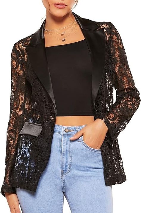 WDIRARA Women's Floral Lace Mesh One Button Lapel Neck Long Sleeve Elegant Jacket Blazer Black S at Amazon Women’s Clothing store Lace Blazer Jacket, Lace Suit, Blazer For Women, Elegant Jacket, Boho Men, Lace Blazer, Long Sleeve Blazers, Blazer Fashion, Jacket Blazer