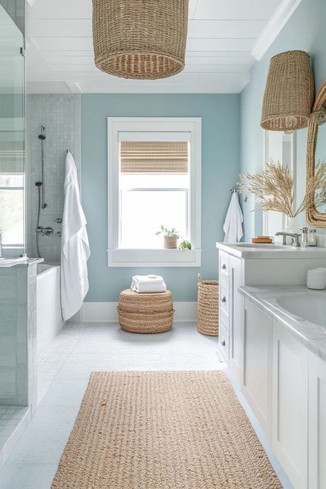 "Elevate your home with the charm of a Modern Coastal Bathroom! 🚿🌊 Perfect for those who love a fresh and relaxed aesthetic. 🌟✨ #BeachHouseDecor #ModernLiving #BathroomDesign" Ocean Restroom Decor, Coastal Beach House Bathroom, Modern Beach Bathroom Decor, Greece Inspired Bathroom, Green Coastal Bathroom, Key West Interior Design, Coastal Master Bath, Beach Theme House, Key West Interior