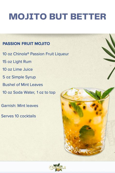 Get ready to elevate your cocktail game with these stunningly beautiful and absolutely tasty passion fruit creation Unalcoholic Cocktails, Chinola Passion Fruit Liqueur, Passion Fruit Drinks, Passion Fruit Mojito Recipe, Passion Fruit Cocktail Recipes, Bartending Tricks, Fruit Mojito Recipe, Passion Fruit Recipes, Passion Fruit Cocktail