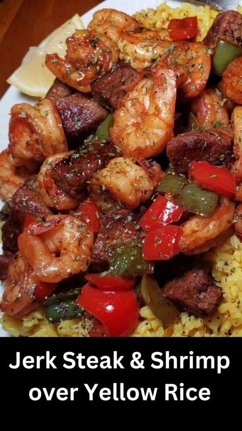 Heat oil in a large pan over Med High heat. Add steak. Cook undisturbed for 3 mins. Gently flip in pan until browned on all sides, abt 7-8 mins. Remove and set aside. Season shrimp with Jerk & Creole Seasonings. Blend well. The color should begin to turn red. Add butter to pan then add shrimp. Cook for 1 min on each side. Add honey. Cook an additional 1 min. Remove. Shrimp will finish cooking the last step. In same pan add bell peppers. Jerk Steak And Shrimp Over Yellow Rice, Jerk Steak And Shrimp, Shrimp Recipes For Dinner Rice, Shrimp And Peppers Recipe, Steak And Shrimp Recipes, Jerk Steak, Season Shrimp, Beef Tri Tip, Yellow Rice Recipes