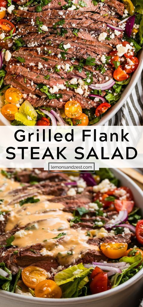 This Grilled Flank Steak Salad is a perfect fresh and delicious meal everyone will enjoy. Juicy marinated steak grilled to perfection, plenty of veggies and a little heat from the creamy Sriracha dressing. This will be a grilling season staple! Sriracha Dressing, Parmesan Crusted Steak, Flank Steak Salad, Steak Salad Recipe, Grilled Steak Salad, Steak Grilled, Grilled Flank Steak, Sliced Steak, Marinated Steak