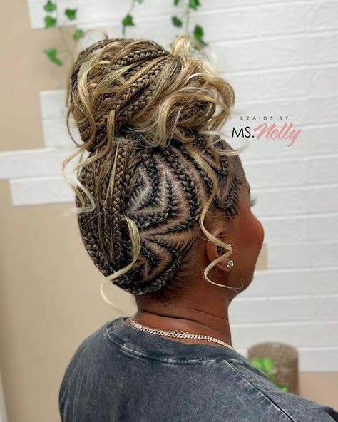 The French Curl Mohawk styled in an up-do 😍 • Book under French Curl Mohawk • #dallashair #dallasbraids #blackhair #blackhairstyles #mohawk #hair #braids #cornrows #design #curls #girlswithcurls Curly Braided Mohawk Hairstyles, Braided Ponytail Hairstyles Cornrow, Braids Mohawk For Black Women, Freestyle Braids With Knotless, Boho Mohawk Braid, Braids Into Two Ponytails, Mohawk Knotless Braids, Stitch Braids Ponytail With Curls, Mohawk Boho Braids