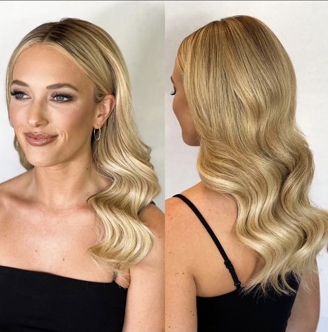 Crimped Bridesmaid Hair, Sleek Front Wedding Hair, Sleek Middle Part Glam Waves, Bridal Hair Chic, Formal Hair For Round Face Shape, Wedding Finger Waves, Hair Curled Down Wedding, Champagne And Chanel Wedding Hair, Elegant Wedding Hair With Veil