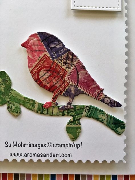 U.S. Postage Stamp Art-Bird on a Branch - Aromas and Art Crafts With Postage Stamps, Postage Stamps Diy, Postage Stamps Collage, Postage Stamps Crafts, Usps Stamps, Office Stamps, Security Envelopes, Stamps Art, Art Trading Cards