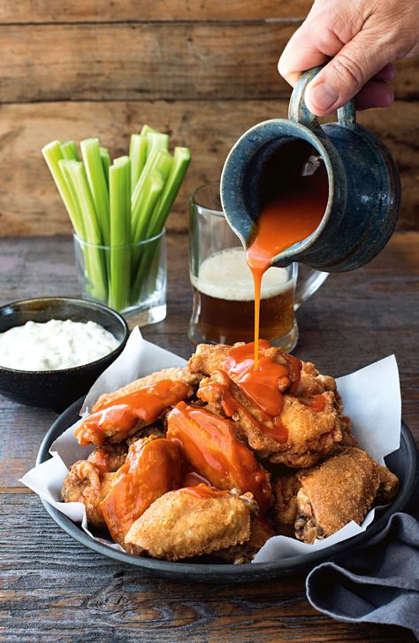 Buffalo Wings Photography Food Styling, Restaurant Content, Spicy Buffalo Wings, Cooking Chicken Wings, Buffalo Wing, Celery Sticks, Blue Cheese Dip, Crispy Wings, Beverage Photography