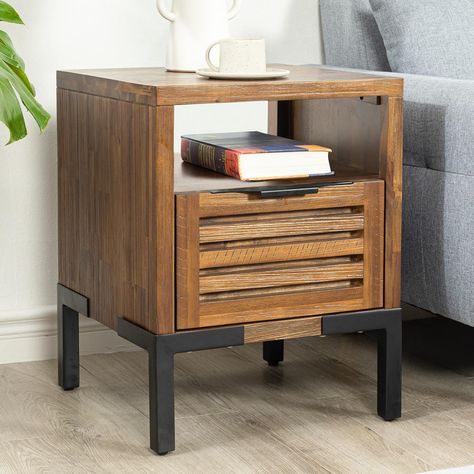 PRICES MAY VARY. 100% Solid Acacia Wood and Heavy Duty Metal Legs RUSTIC CHARM: Elevate your home decor with our rustic nightstand, expertly handcrafted with scuffed textures and a rustic chestnut finish; Complete with industrial metal accents, our solid wood nightstand is the epitome of farmhouse style for your home DELUXE NIGHTSTAND WITH DRAWERS: Our 100% solid acacia wood accent nightstand with five layers of coating enhances the beauty & longevity of wood; Supported by robust metal legs & co Side Table Rustic, Modern Industrial Living Room, Nightstand With Drawers, Vintage Style Furniture, Rustic Nightstand, Rustic Side Table, Side Table With Drawer, Metal End Tables, Industrial Modern