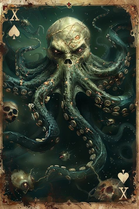 Ocean Creatures Art, Kraken Art, Halloween Props Scary, Octopus Tattoo Design, Skeleton Illustration, Playing Cards Art, Skull Art Drawing, Pirate Art, Octopus Art