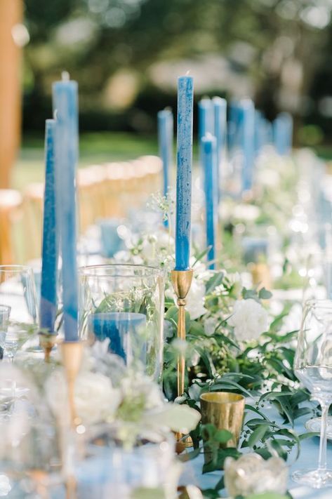 Blue Candle Centerpieces, Taper Candle Centerpiece, Blue Wedding Decor, Blue Taper Candles, Lowndes Grove Wedding, Blue Wedding Centerpieces, Blue Candlesticks, Al Fresco Dinner, Charleston Weddings