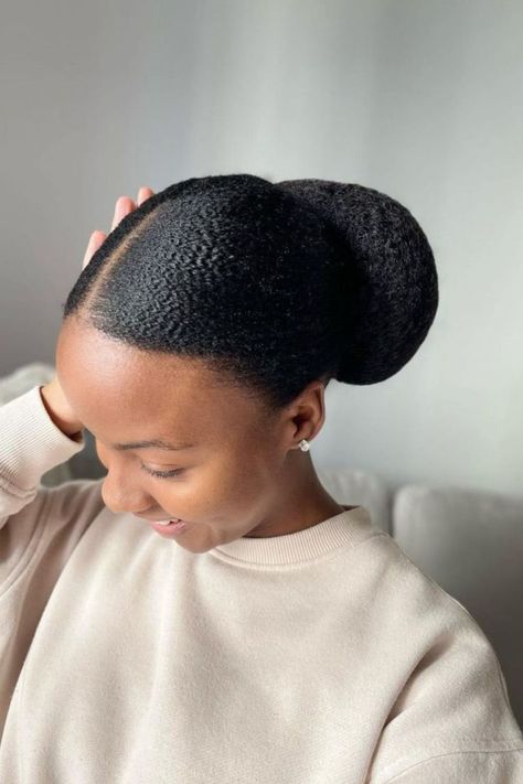 Low Sleek Natural Hair Bun High Bun Hairstyles For Black Women Natural, Natural Hairstyles For Party, Natural Hair Buns For Black Women, 4c Bun Hairstyles, Sleek Bun Natural Hair, Slick Back Hairstyles Natural Hair, Natural Hair Low Bun, Sleek Natural Hairstyles, Homebody Essentials