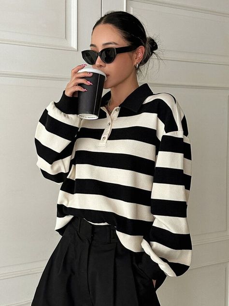 DAZY Striped Polo Neck Drop Shoulder Sweatshirt | SHEIN USA Striped Tshirt Outfits, Long Sleeve Polo Outfit, Polo Shirt Outfit Women's, White Striped Shirt Outfit, Outfits With Striped Shirts, Outfits Con Camisa, Shein Finds, Polo Shirt Outfits, Polo Outfit