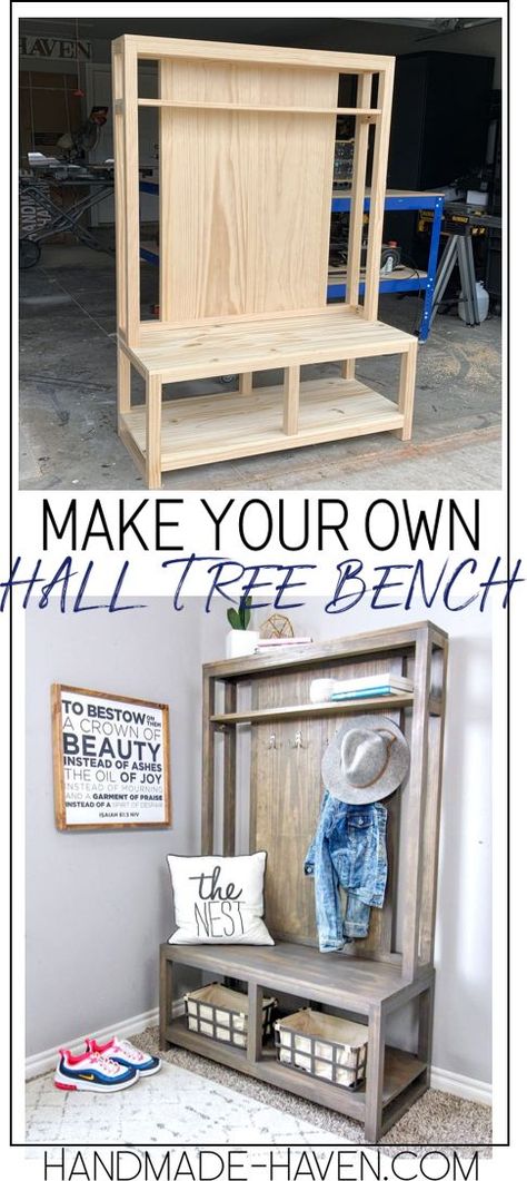 Get the How -To for this DIY Hall Tree Bench #halltree #entryway Diy Hall Tree Bench, Diy Hall Tree, Diy Bank, Hall Tree Bench, Koti Diy, Tree Bench, Bench Diy, Hemma Diy, Diy Bench