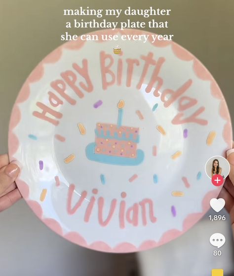 How To Paint On A Plate, Birthday Plate Painting Ideas, Happy Birthday Plates Ceramic, First Birthday Plate Diy, Birthday Plates Ceramic Diy, 1st Birthday Plate, First Birthday Plate, Painted Birthday Plate, Birthday Plates Ceramic