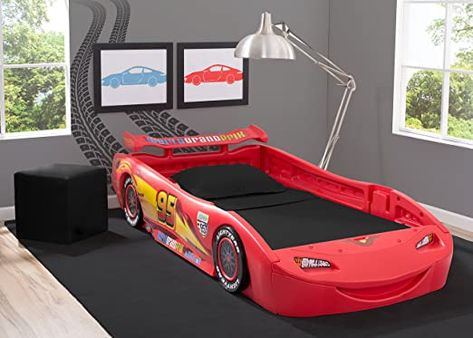 Amazon.com: Disney/Pixar Cars Lightning McQueen Twin Bed with Lights by Delta Children: Baby Lightning Mcqueen Bed, Lightning Mcqueen Bedroom, Bed With Lights, Twin Bed Headboard, Toddler Car Bed, Twin Car Bed, Twin Car, Kids Car Bed, Race Car Bed