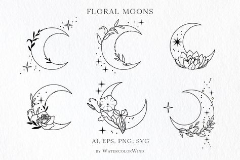 Tattoos 2022, Saturn Tattoo, Flores Tattoo, Moon Flowers, Magical Moon, Stencil Outline, Moon Svg, Crescent Moon Tattoo, Moon Vector