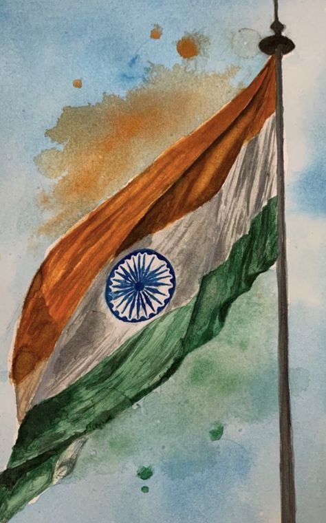 Independence Day Watercolour Drawing, Painting For 15 August, Indian Flag Painting Ideas, Independence Day Drawing Watercolor, 15 Th August Drawing, 15 August Drawing Idea, Drawing On 15 August, Happy Independence Day India Art, 15 August Painting