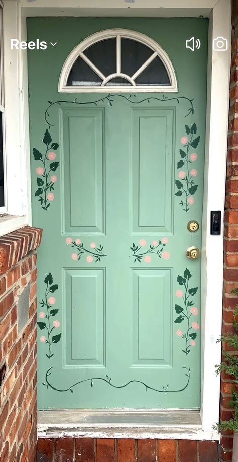 Pastel Door Colors, Floral Painted Front Door, Painted Bathroom Door Ideas, Fun Painted Doors, Hand Painted Front Door, Flower Painted Door, Door Stencil Ideas, Painted Door Bedroom, Front Door Mural