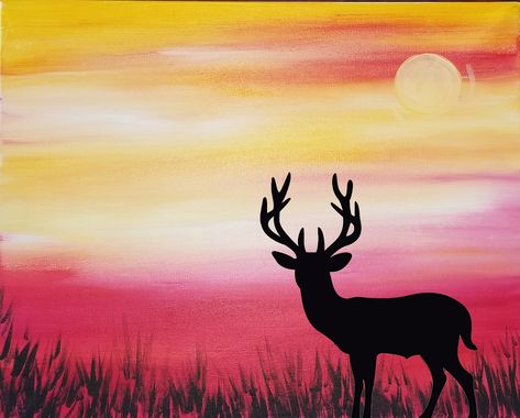 Sunrise Painting Simple, Deer Silhouette Painting, Sunset Drawing, Hunting Painting, Painting Simple, Sunrise Painting, Deer Silhouette, Silhouette Painting, Hippie Painting