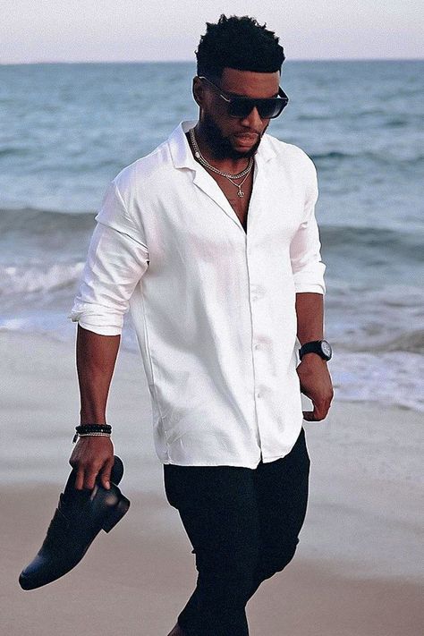 Outfits Con Camisa, Cuban Shirts, Black Men Fashion Urban, Shirt Outfit Men, Black Men Fashion Casual, Mens Casual Outfits Summer, All White Outfit, Mens Button Up, Red Black White