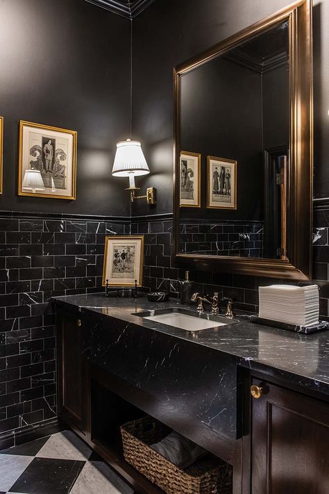 Black Marble Bathroom, Black Tile Bathrooms, Masculine Bathroom, Mens Bathroom, Bathroom Mirror Ideas, Vintage Bathroom Decor, Dark Bathrooms, Mirror Ideas, Upstairs Bathrooms