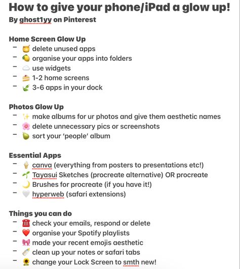 Ipad Glow Up, Phone Glow Up, Phone Checklist, Best Self Journal, Clean Room Motivation, Checklist Ideas, Clean Your Phone, Morning Pancakes, Organize Phone Apps