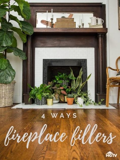 No Fire? No Problem! 4 Ways to Style Your Unused Fireplace Fireplace Filler, Faux Foyer, Empty Fireplace Ideas, Unused Fireplace, Fake Fireplace, Fireplace Cover, Candles In Fireplace, Old Fireplace, Bedroom Fireplace