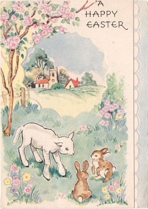 Vintage Happy Easter, Two Rabbits, Spring Magic, Vintage Easter Cards, Scallop Design, Easter Lamb, Happy Easter Wishes, Blue Panels, Easter Wallpaper