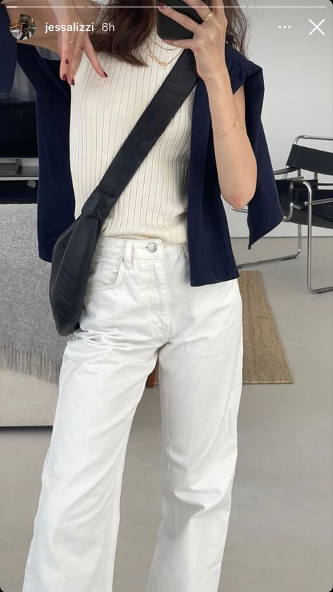 @jessalizzi Outfit With White Pants, Jess Alizzi, White Summer Outfits, White Pants Outfit, Navy Blue Pants, Navy Blue Sweater, White Outfit, Summer White, Blue Sweater