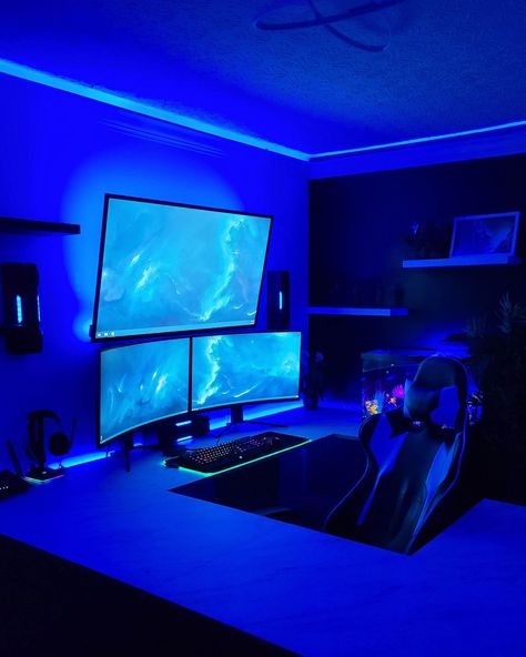 15+ Desk Backlight & LED Light Strip Ideas - Gridfiti Led Lights Behind Desk, Gaming Zone Interior Design, Desk Led Strip Lights, Desk Lighting Ideas, Led Lights Strip Ideas, Desk With Led Lights, Led Office, Pc Ideas, Producer Studio