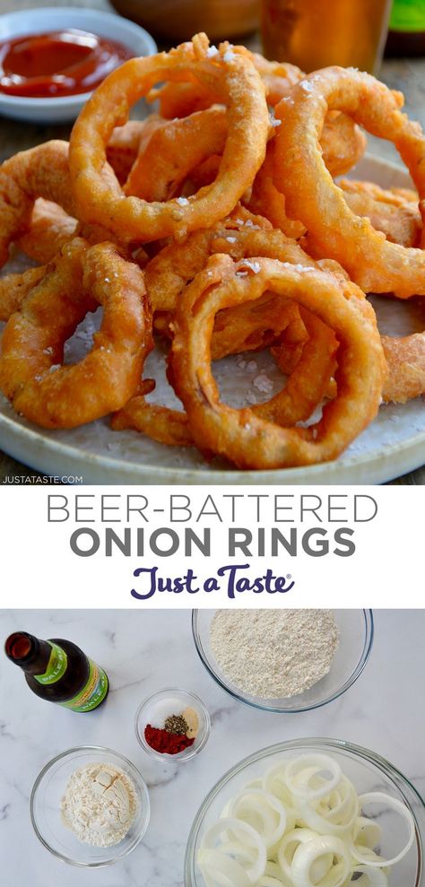 Top image: Homemade beer-battered onion rings piled high on a plate. Bottom image: A top-down view of four different-sized clear bowls containing sliced onions, flour and spices next to a bottle of beer. Batter For Onion Rings Recipes, Best Onion Ring Batter, Onion Rings Recipe Beer Battered, Beer Battered Onion Rings Air Fryer, Homemade Onion Rings Batter, Best Beer Batter Recipe, Beer Battered Pickles, Buttermilk Onion Rings Recipe, How To Make Batter For Frying