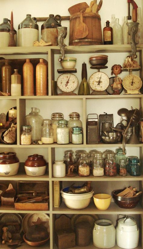 Vintage pantry with everything you could need #naturalcurtaincompany Deco Champetre, Butter Molds, Primitive Homes, Primitive Kitchen, Antique Kitchen, Canning Jars, Country Home Decor, Alam Semula Jadi, Vintage Country