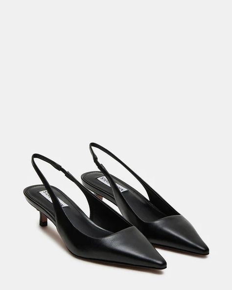 KARI Black Leather Slingback Point Toe Kitten Heel | Women's Heels – Steve Madden Work Heels, Ivory Wedding Shoes, Black Kitten Heels, Heel Mules, Socks And Heels, Women's Heels, 2 Inch Heels, Kitten Heel, Work Outfits