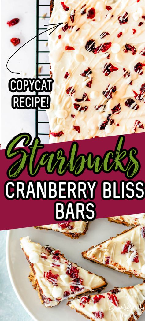 These Cranberry Bliss Bars are a Copycat Starbucks Recipe and taste just like the real thing! Make them at home all year long and never have to be without them again! #copycat #starbucks #cranberryblissbars Cool Lime Refresher Recipe, Starbucks Cranberry Bliss Bars, Starbucks Cranberry Bliss, Cranberry Bliss Bars Recipe, Bars At Home, Cranberry Bliss Bars Starbucks, Bliss Bars, Cranberry Bliss, Bliss Bar