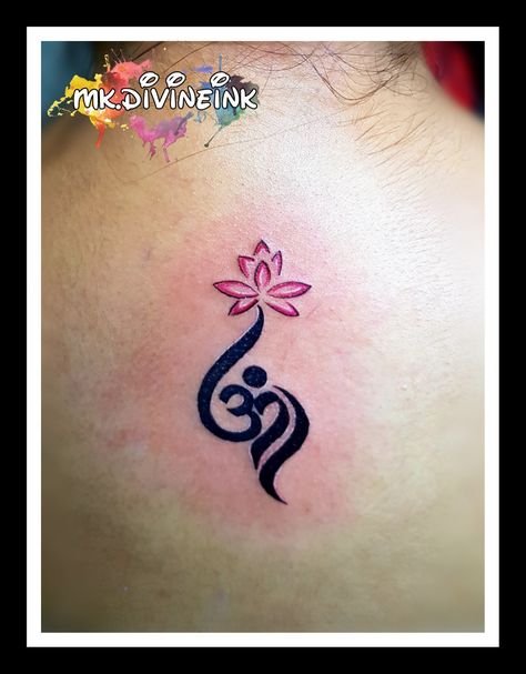 Om Lotus tattoo, Flower tattoo, Lotus tattoo, Lotus flower, Aum, Shiva symbol tattoo, Tattoo for girls, Om tattoo ideas, Lotus tattoo designs, Small tattoos, Beautiful tattoos, Colourful tattoo, Blackwork tattoo, Artist, Tattoo design, Tattoo ideas  INSTAGRAM:- www.instagram.com/mk.divineink Om Lotus Tattoo Design Women, Om And Lotus Tattoo Design, Om Tattoo Designs For Women, Om Name Tattoo, Small Om Tattoo For Women, Lotus Flower With Om Symbol Tattoo, Louts Flower Tattoo Design Small, Om With Lotus Tattoo, Om Tattoo Design Women Neck