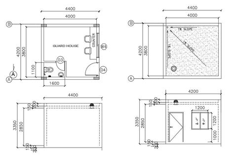 Guard House plan AutoCAD File; 2d cad drawing of security guardhouse layout plan include bathroom with counter window with dimension detail in AutoCAD format, download free AutoCAD file. Counter Window, Toilet Plan, Hospital Design Architecture, Security Room, Autocad Tutorial, Lodge Design, Guard House, Bathroom Plan, Elevation Drawing