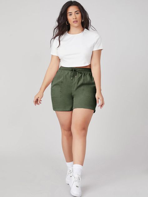 Army Green Casual   Polyester Plain Wide Leg  Slight Stretch Summer Plus Size Bottoms Cute Hot Weather Outfits Plus Size, Summer Fits Size 12, Green Bottoms Outfits, Hot Weather Outfits Plus Size Summer, Plus Size Shorts Outfit Casual, How To Style Green Shorts, Big Girl Summer Outfits, Plus Size Summer Shorts, Shorts Plus Size