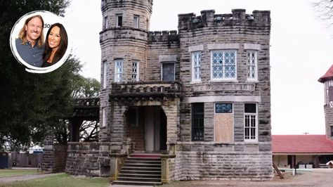 Fixer Upper Castle, Fixer Upper The Castle, Orb Light Fixture, Christmas Story House, Magnolia Fixer Upper, Stone Castle, Castle Exterior, Orb Light, Dark Paint Colors