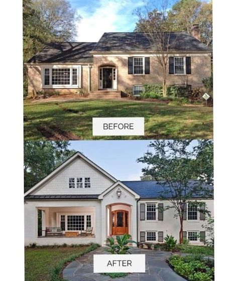 Transitional Front Porch, Split Level House Exterior, Exterior Home Makeover, Front Porch Remodel, Addition Project, Front Porch Addition, Ranch House Remodel, Exterior House Renovation, Real Estate Goals