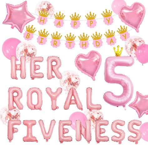 PRICES MAY VARY. COMPLETE SET: Our HER ROYAL FIVENESS Balloon 5th Girl Birthday Decoration Set includes a 98 inch princess birthday flag, 2 16 inch pink love balloons, 2 16 inch pink star balloons, 5 sequin latex balloons, 5 pink latex balloons, 40 inch pink number 5 balloons, and the letter "HER ROYAL FIVENESS" balloon. UNIQUE DESIGN: This set is perfect for HER ROYAL FIVENESS party, giving girls unforgettable memories of their 5th birthday. Perfect for HER ROYAL FIVENESS party, giving girls un Her Royal Fiveness Birthday Party, 5 Girl Birthday Party Ideas, Girls Fifth Birthday Party Themes, 5th Girls Birthday Party Ideas, Royal 5ness Party, 5th Birthday Ideas Girl, Birthday Party 5 Girl, 5 Year Princess Birthday Party, Five Year Old Girl Birthday Party Theme