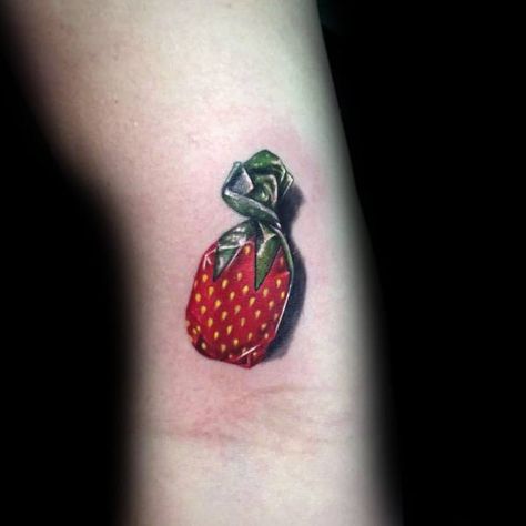 Candy Man Tattoo, Sweet Tart Tattoo, Sweets Tattoo Ideas, Strawberry Candy Tattoo, Candy Tattoo Ideas Small, Haribo Tattoo, Sweet Tattoos Candy, Sundae Tattoo, Chocolate Tattoo Ideas