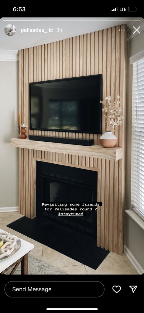 Slat Wall Living Room Fireplace, Fluted Room Divider, Vertical Wood Fireplace Wall, Tv Mantel No Fireplace, Polewrap Fireplace, Wood Slats Around Fireplace, Diy Wood Slat Fireplace Wall, Wall Slat Fireplace, Accent Wall Fireplace Living Room Wood