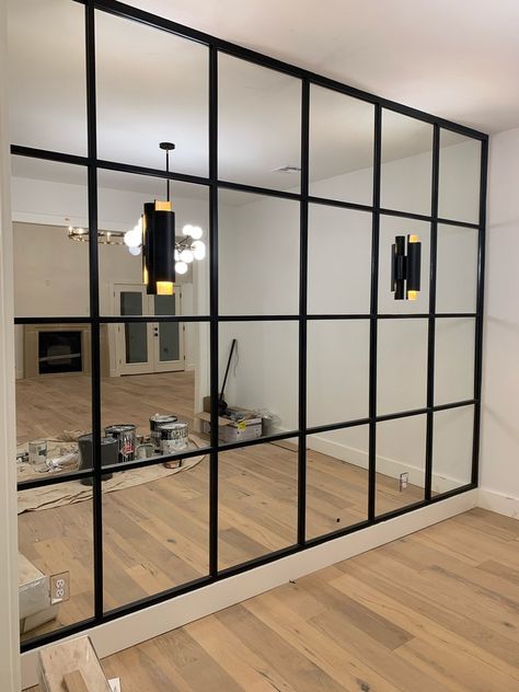 Modernize A Mirrored Wall, Mirror Wall Decor Salon, Office Mirror Wall Interior Design, Mirror Gym Wall, Dyi Mirror Wall, Modernize Mirror Wall, Mirror Wall With Lights, Panelled Mirror Wall, Mirror Wall For Bedroom