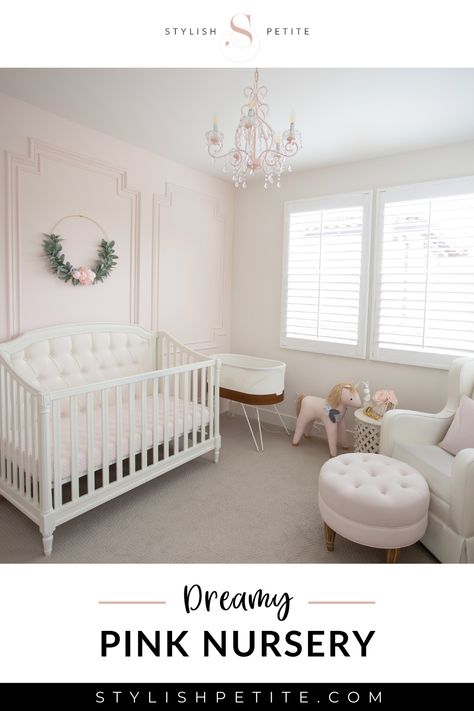 The look I was going for was simple but elegant. With colors of pink, white, and gold this nursery is everything I wanted. White Nursery With Pink Accents, Pink And White Nursery Ideas, Pink White Gold Nursery, Light Pink Nursery Walls, Intimate White Nursery, Nursery Accent Wall Girl, Pink Chair Rail Nursery, Pink Accent Wall Nursery, Baby Girl Nursery Gold Crib