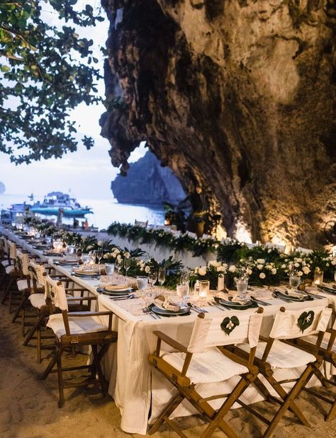 Thailand Wedding Reception and Ceremony in a Cave #weddingplanning #weddingideas #weddinginspo Wedding In A Cave, Green Beach Wedding, Cave Wedding, Wedding Thailand, Wedding In Thailand, Beach Wedding Locations, Beach Wedding Decorations Reception, Sicily Wedding, Thailand Wedding