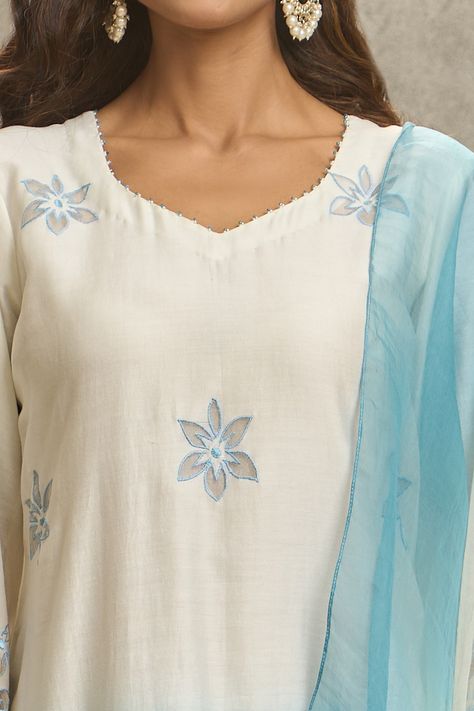 Buy Surabhi Arya Blue Silk Chanderi Dori Embroidered Kurta Palazzo Set Online | Aza Fashions Kurta Palazzo Set, Flower Machine Embroidery Designs, Hand Embroidery Dress, Neck Designs For Suits, Embroidery On Kurtis, Knitting Machine Patterns, Kurti Embroidery Design, Cutwork Embroidery, Beautiful Pakistani Dresses