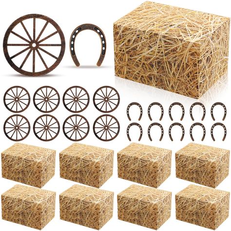 PRICES MAY VARY. Package Combination: the western cowboy party decorations set includes 8 mini horseshoes crafts, 8 wagon wheel crafts, and 8 straw boxes, in sufficient quantity to meet your daily and gift giving needs; Provide decorations symbolizing happiness for your western themed parties, weddings, bridal showers, birthdays, and other important occasions, offering sincere blessings to you Retro Style: the haystack boxes have natural texture and impressive design will impress your guests and Cowboy Party Table Decor, Cowboy Baby Shower Decorations, Western Centerpiece Ideas, Cowboy Party Centerpiece, Horseshoe Wedding Favors, Horseshoes Crafts, Rodeo Ideas, Western Cowboy Party, Western Centerpieces