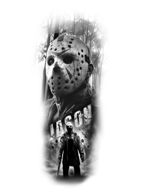 Jason Horror Tattoo, Jason Voorhees Art Drawing, Horror Forearm Tattoo, Horror Movie Tattoo Designs, Jason Mask Drawing, Tattoos Horror Movies, Horror Movies Tattoos, Jason Tattoo Design, Jason Tattoo Friday The 13th