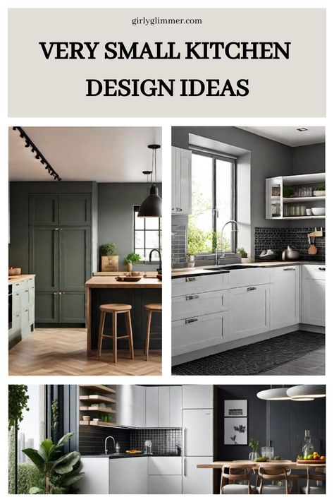 Very small kitchen design ideas displayed with green, white, and black themes. Tiny Kitchens With Islands, Best Small Kitchen Design, Townhouse Kitchen Ideas Small Spaces, Small Kitchen Layouts With Island, Small Kitchen Plans Layout, Small Kitchen With Living Room, Small Kitchen With Dining, Medium Kitchen Ideas, Small Open Kitchen Ideas