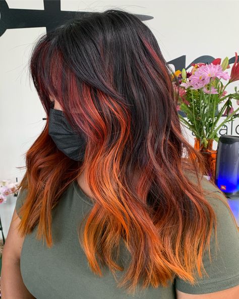 Fall Hair Color Ideas Balayage, Colored Fall Hair, Hair Color Ideas For Brunettes Orange, Orange Lowlights In Brown Hair, Fun Autumn Hair Color, Orange And Black Ombre Hair, Red And Orange Balayage, Fall Halloween Hair Color, Dark Brown To Orange Ombre